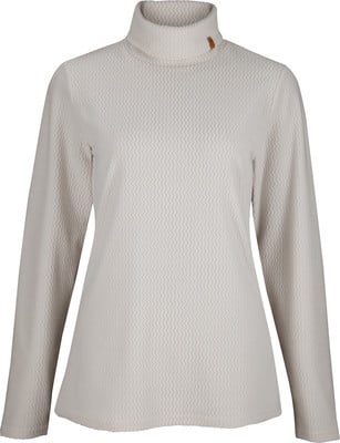 Damen-Rollkragenpullover in Beige mit feinem Muster und Detail am Kragen. Damen-Rollkragenpullover in Beige mit feinem Muster und Detail am Kragen.