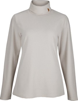 Damen-Rollkragenpullover in Beige mit feinem Muster und Detail am Kragen.