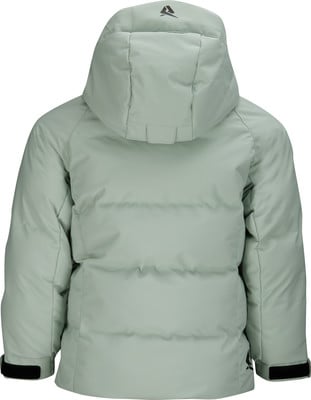 Rückansicht einer hellgrünen Daunenjacke mit Kapuze und Logo. Rückansicht einer hellgrünen Daunenjacke mit Kapuze und Logo.