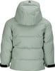 Rückansicht einer hellgrünen Daunenjacke mit Kapuze und Logo.