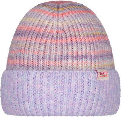 Lila Strickmütze mit bunten Streifen und Barts-Logo.
