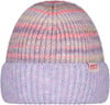 Lila Strickmütze mit bunten Streifen und Barts-Logo.