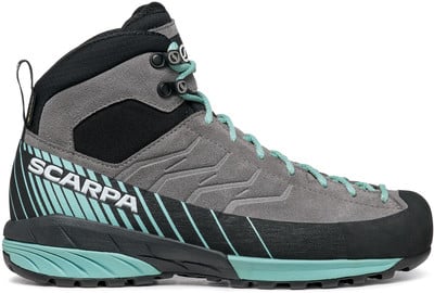 Grauer Scarpa Wanderschuh mit türkisfarbenen Schnürsenkeln und seitlichem Logo. Grauer Scarpa Wanderschuh mit türkisfarbenen Schnürsenkeln und seitlichem Logo.