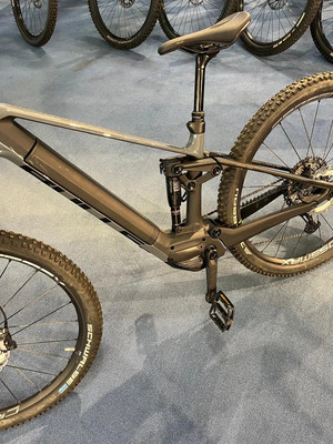 Detail eines Mountain-E-Bikes mit Federung und Schwalbe-Reifen. Detail eines Mountain-E-Bikes mit Federung und Schwalbe-Reifen.