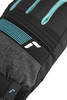 Schwarze Handschuhe mit blauen Streifen und Logo, Detailansicht.