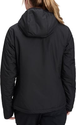 Rückansicht einer schwarzen Damenjacke mit Kapuze und gesteppten Ärmeln. Rückansicht einer schwarzen Damenjacke mit Kapuze und gesteppten Ärmeln.