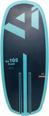 Dunkelblaues Wassersportboard mit türkisfarbenen Akzenten und der Aufschrift WE 105 PUMP.