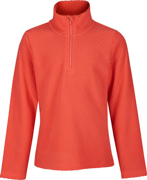 Ein orangefarbener Pullover mit Struktur und halbem Reißverschluss.