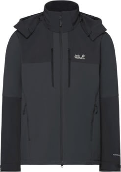 Dunkelgraue Herrenjacke mit Kapuze und Jack Wolfskin Logo.