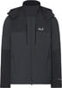 Dunkelgraue Herrenjacke mit Kapuze und Jack Wolfskin Logo.