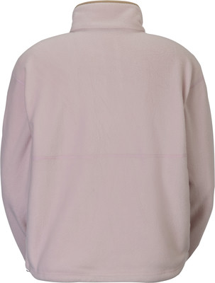 Rückansicht einer rosa Fleecejacke mit Stehkragen und beige Einfassung. Rückansicht einer rosa Fleecejacke mit Stehkragen und beige Einfassung.