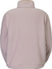 Rückansicht einer rosa Fleecejacke mit Stehkragen und beige Einfassung.