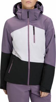 Damen-Skijacke in den Farben Lila, Weiß und Schwarz.