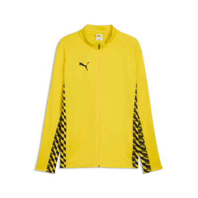 Gelbe Puma Jacke mit schwarzem Logo und Karomuster an den Ärmeln. Gelbe Puma Jacke mit schwarzem Logo und Karomuster an den Ärmeln.