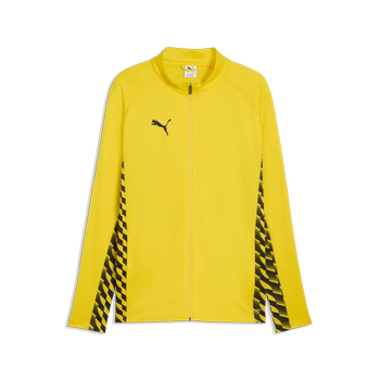 Gelbe Puma Jacke mit schwarzem Logo und Karomuster an den Ärmeln.
