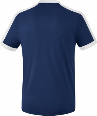 Dunkelblaues T-Shirt mit weißen Streifen an Ärmeln und Kragen. Dunkelblaues T-Shirt mit weißen Streifen an Ärmeln und Kragen.