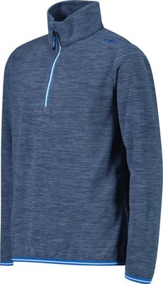 Blaue Fleecejacke mit Stehkragen und kurzem Reißverschluss mit weißer Paspel. Blaue Fleecejacke mit Stehkragen und kurzem Reißverschluss mit weißer Paspel.