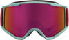 Grüne Skibrille mit pinkem Band und verspiegeltem Glas.