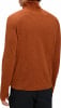 Rückansicht eines orangefarbenen Langarm-Pullover mit Stehkragen.