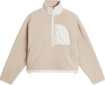 Beige Fleecejacke mit weißem Kragen und Reißverschlusstasche.