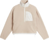 Beige Fleecejacke mit weißem Kragen und Reißverschlusstasche.