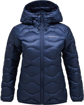 Dunkelblaue Daunenjacke für Damen mit Kapuze und Wellensteppung.