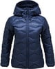Dunkelblaue Daunenjacke für Damen mit Kapuze und Wellensteppung.