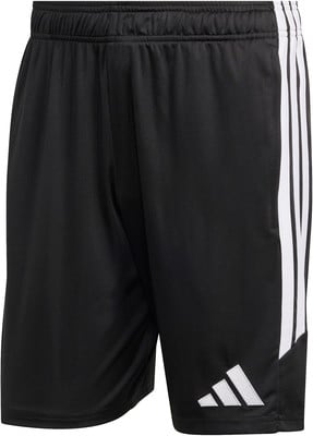 Schwarze Adidas Shorts mit weißen Streifen und Logo am Bein. Schwarze Adidas Shorts mit weißen Streifen und Logo am Bein.