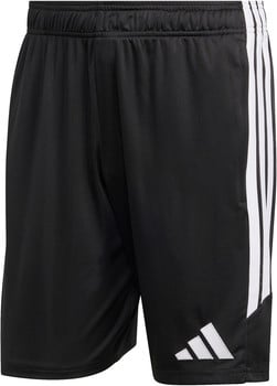 Schwarze Adidas Shorts mit weißen Streifen und Logo am Bein.
