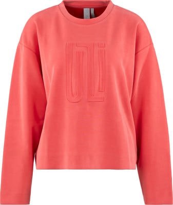 Ein rosafarbener Pullover mit geprägtem Logo und langen Ärmeln. Ein rosafarbener Pullover mit geprägtem Logo und langen Ärmeln.