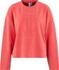 Ein rosafarbener Pullover mit geprägtem Logo und langen Ärmeln.