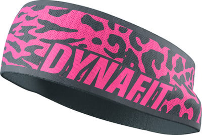 Grauer Dynafit-Schlauchschal mit pinkem Leopardenmuster und Logo. Grauer Dynafit-Schlauchschal mit pinkem Leopardenmuster und Logo.
