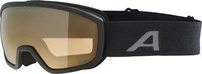 Skibrille mit dunklem Rahmen und goldfarbener Spiegellinse. Skibrille mit dunklem Rahmen und goldfarbener Spiegellinse.