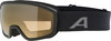 Skibrille mit dunklem Rahmen und goldfarbener Spiegellinse.