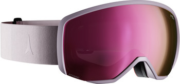 Skibrille mit rosafarbener Spiegellinse und grauem Band.