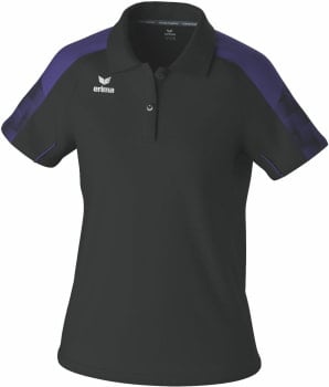 Schwarzes Poloshirt mit violetten Details an den Ärmeln und Erima-Logo.