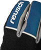 Detail eines Handschuhs mit Reusch-Logo auf blauem Hintergrund und schwarzer Manschette.