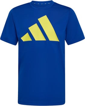 Blaues T-Shirt mit großem gelben Adidas-Logo auf der Brust.