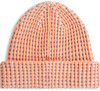 Orange Strickmütze mit grauem Muster, Rippenbündchen.