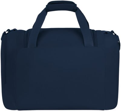 Eine dunkelblaue Reisetasche mit Trägern und Griff ist von vorne abgebildet. Eine dunkelblaue Reisetasche mit Trägern und Griff ist von vorne abgebildet.