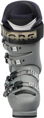 Grauer Skischuh mit schwarzem Textilkragen und Metallschnallen. Grauer Skischuh mit schwarzem Textilkragen und Metallschnallen.