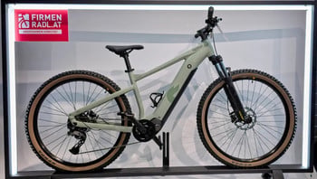 Grünes E-Bike mit Logo und Schriftzug auf Rahmen und Rädern.