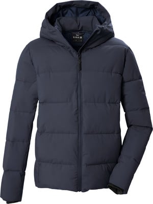 Dunkelblaue Daunenjacke mit Kapuze und Reißverschluss. Dunkelblaue Daunenjacke mit Kapuze und Reißverschluss.