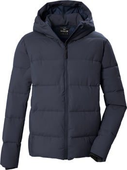 Dunkelblaue Daunenjacke mit Kapuze und Reißverschluss.