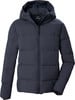 Dunkelblaue Daunenjacke mit Kapuze und Reißverschluss.