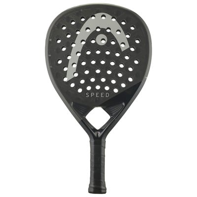 Schwarzer HEAD SPEED Tennisschläger mit Logo und perforierter Oberfläche. Schwarzer HEAD SPEED Tennisschläger mit Logo und perforierter Oberfläche.