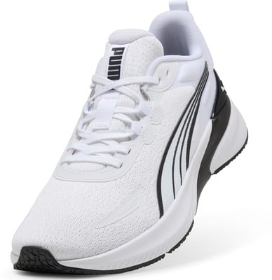Weiße Puma-Laufschuhe mit schwarzen Streifen und seitlichem Logo. Weiße Puma-Laufschuhe mit schwarzen Streifen und seitlichem Logo.