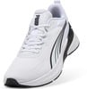 Weiße Puma-Laufschuhe mit schwarzen Streifen und seitlichem Logo.