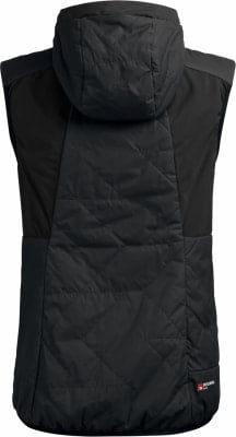 Schwarze gesteppte Weste mit Kapuze und glatten Seitenpaneelen. Schwarze gesteppte Weste mit Kapuze und glatten Seitenpaneelen.