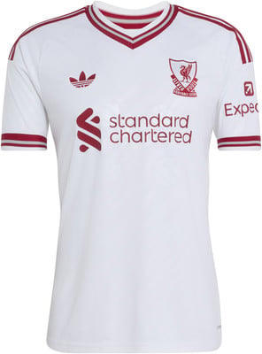 Weißes Liverpool Fußballtrikot mit roten Details und Markenlogos.